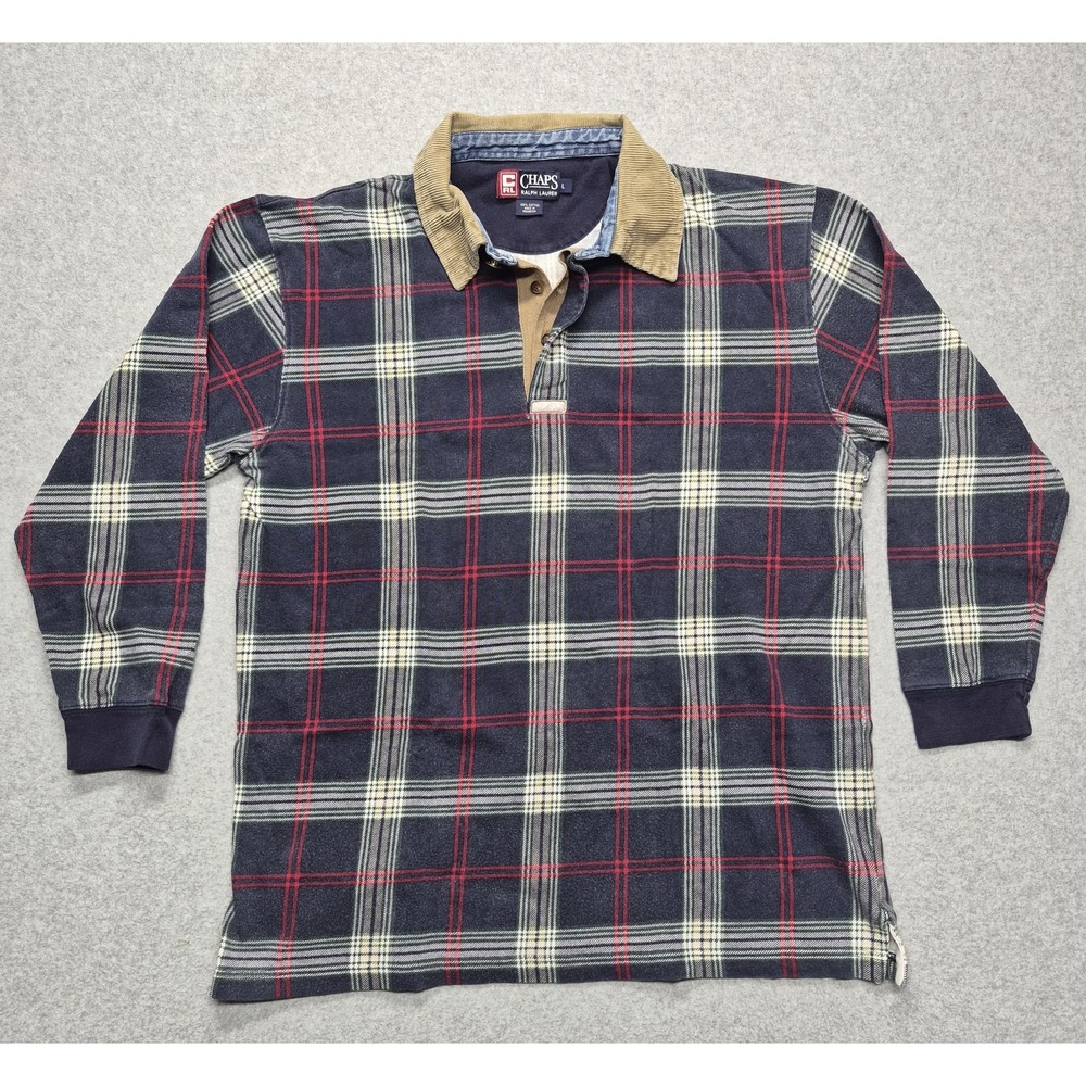 VTG Chaps Ralph Lauren Polo Shirt Mens L Multicolor Rugby Plaid Corduroy 90s